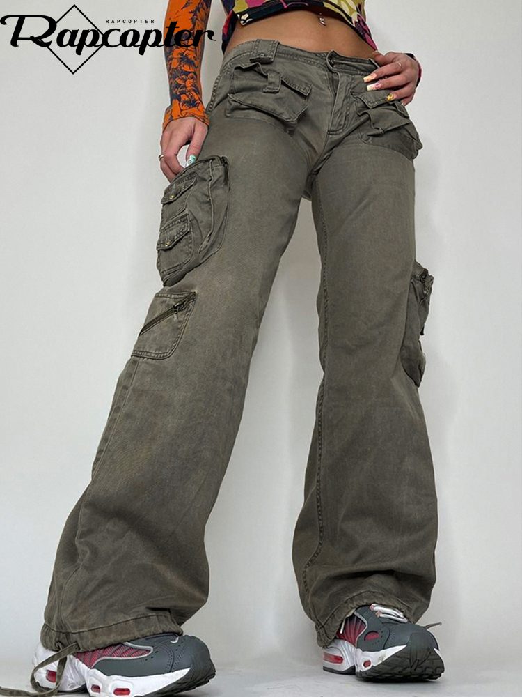 Y2K Cute Low Waisted Flare Trousers Jeans Vintage Aesthetic Cargo