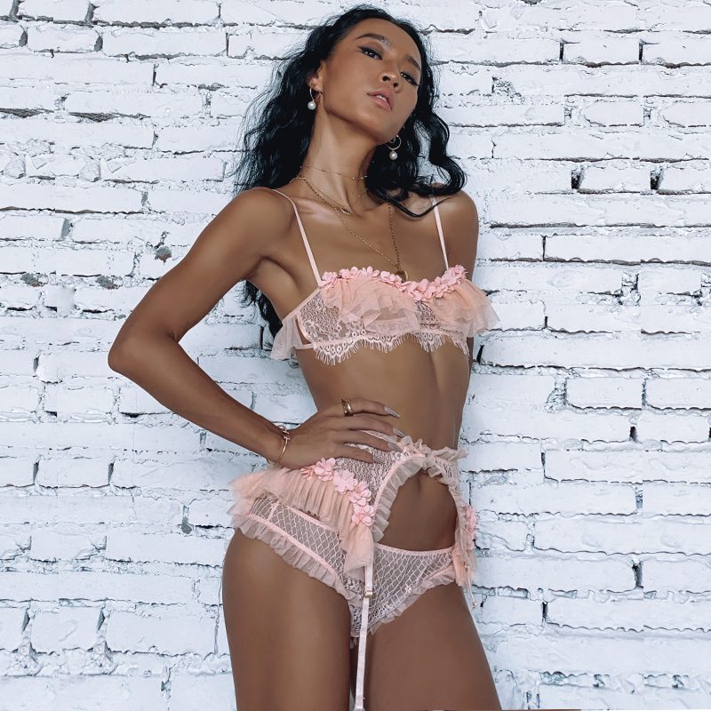 French sexy lace bra and panty set ultra-thin thong bralette soft