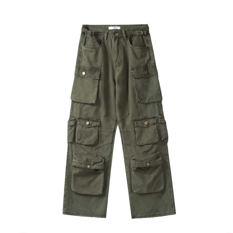 Men's Multi-pockets Cargo Pants Autumn Vintage Solid Color Hiphop Overalls  Baggy Casual High Street Mopping